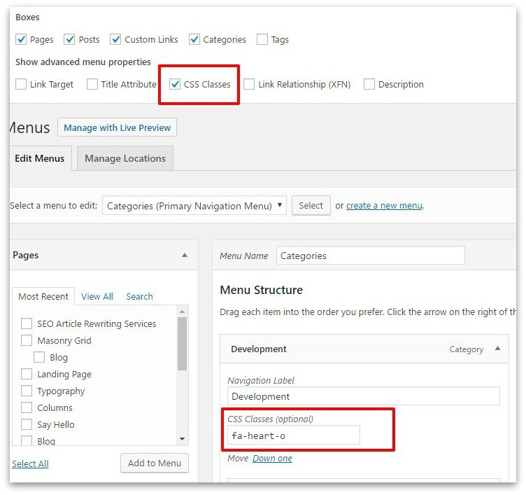 Click on Screen Options > Tick CSS Classes > Add CSS Classes under Menu